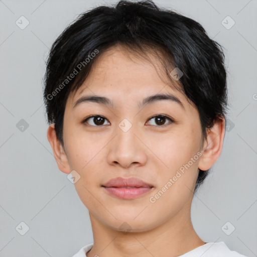 Neutral asian young-adult female with short  brown hair and brown eyes