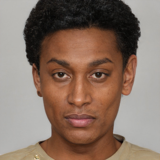 Neutral black young-adult male with short  black hair and brown eyes