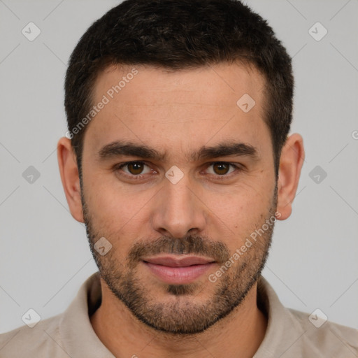 Neutral white young-adult male with short  brown hair and brown eyes