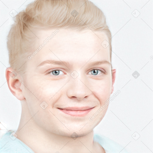 Joyful white young-adult male with short  brown hair and blue eyes