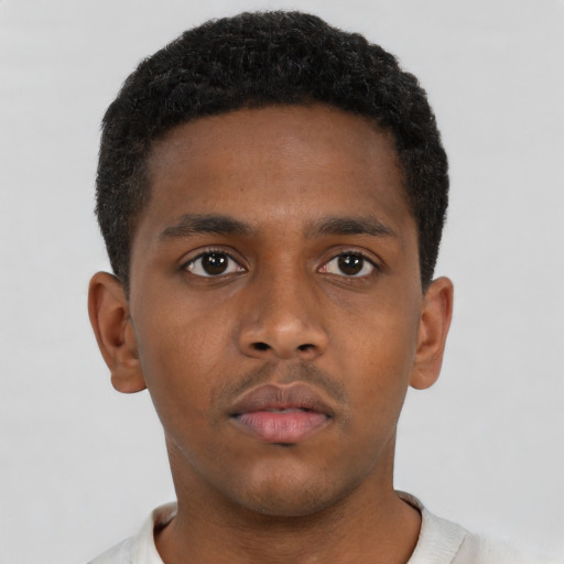 Neutral black young-adult male with short  brown hair and brown eyes