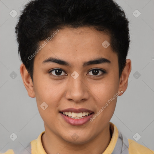 Joyful latino young-adult female with short  brown hair and brown eyes