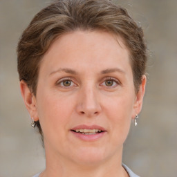 Joyful white adult female with medium  brown hair and grey eyes