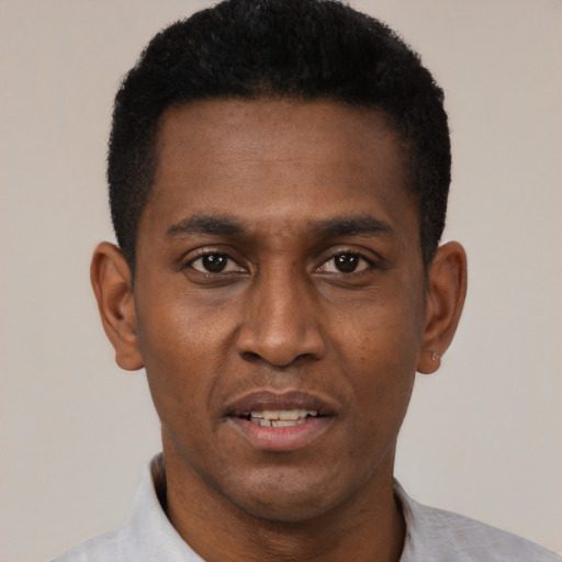 Neutral black young-adult male with short  black hair and brown eyes