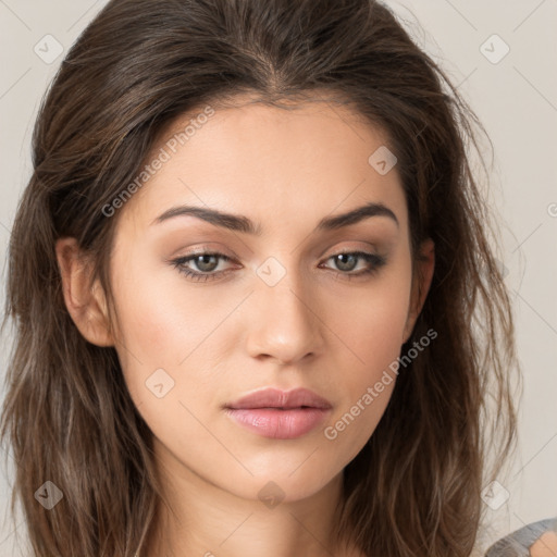 Neutral white young-adult female with medium  brown hair and brown eyes