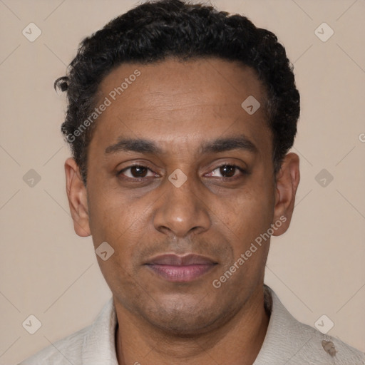 Joyful black adult male with short  black hair and brown eyes