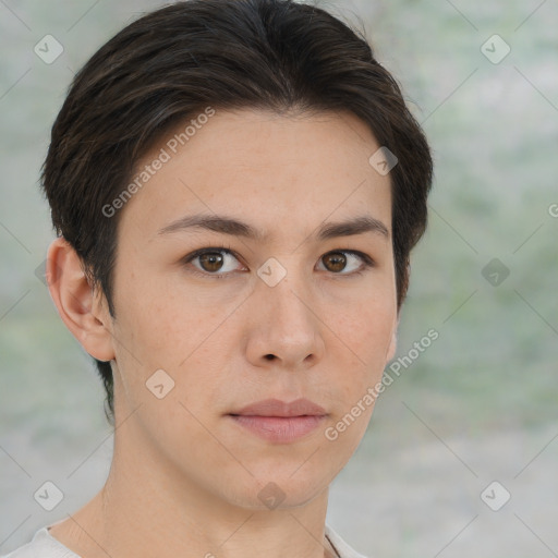 Neutral white young-adult female with short  brown hair and brown eyes