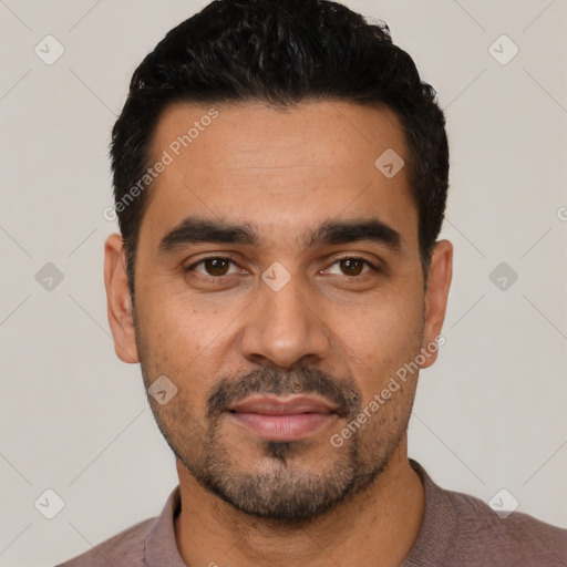 Neutral latino young-adult male with short  black hair and brown eyes