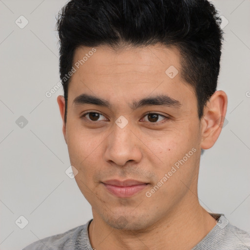 Neutral latino young-adult male with short  black hair and brown eyes