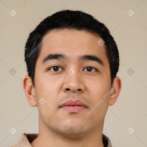 Neutral asian young-adult male with short  black hair and brown eyes