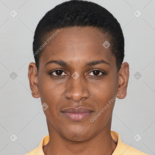 Joyful black young-adult female with short  black hair and brown eyes