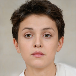 Neutral white young-adult female with short  brown hair and brown eyes