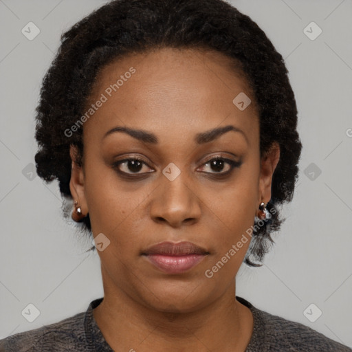 Neutral black young-adult female with short  black hair and brown eyes