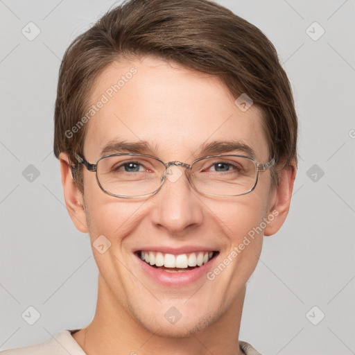 Joyful white adult male with short  brown hair and grey eyes