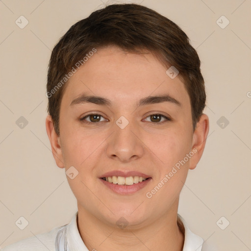 Joyful white young-adult female with short  brown hair and brown eyes