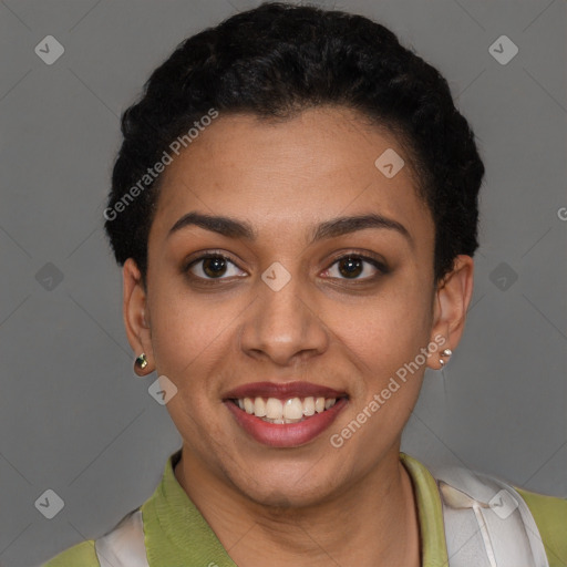 Joyful latino young-adult female with short  brown hair and brown eyes