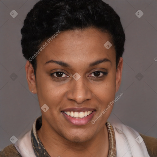 Joyful latino young-adult female with short  brown hair and brown eyes
