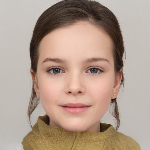 Neutral white child female with medium  brown hair and grey eyes