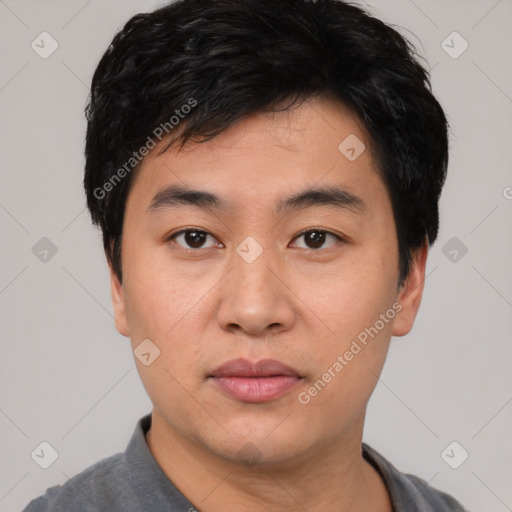 Neutral asian young-adult male with short  black hair and brown eyes