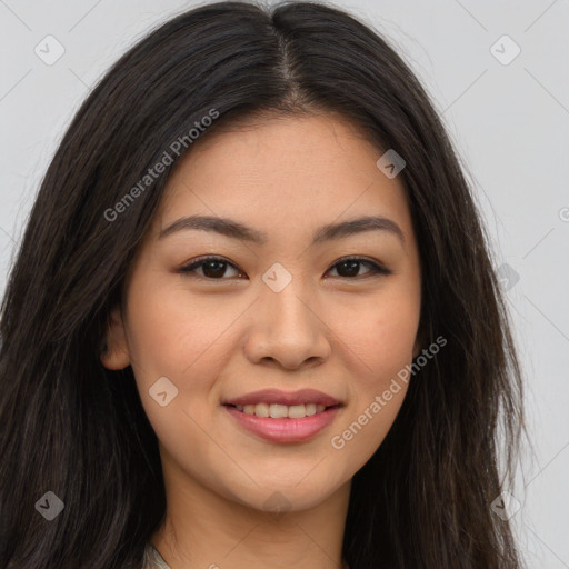 Joyful asian young-adult female with long  brown hair and brown eyes