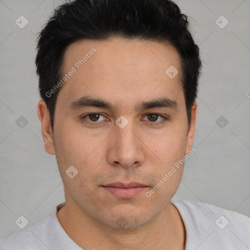 Neutral asian young-adult male with short  brown hair and brown eyes