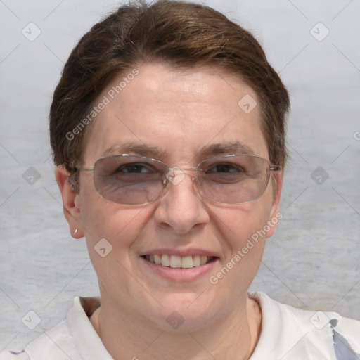 Joyful white adult female with short  brown hair and brown eyes