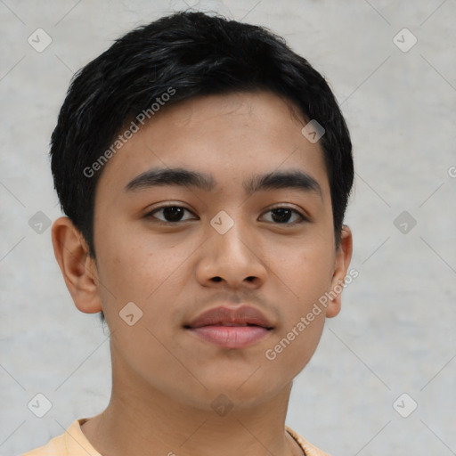 Neutral asian young-adult male with short  black hair and brown eyes
