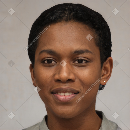 Joyful black young-adult female with short  black hair and brown eyes