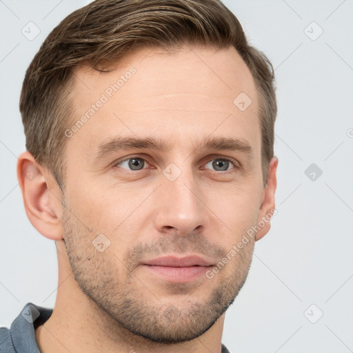 Neutral white young-adult male with short  brown hair and grey eyes