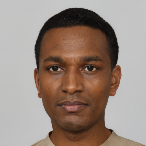 Neutral black young-adult male with short  black hair and brown eyes