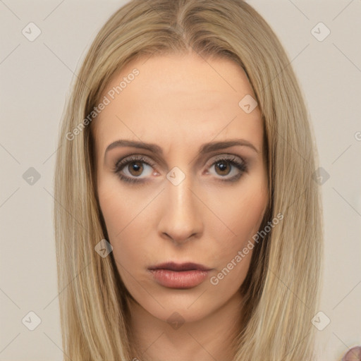 Neutral white young-adult female with long  brown hair and brown eyes