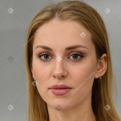 Neutral white young-adult female with long  brown hair and brown eyes