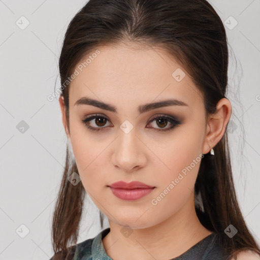 Neutral white young-adult female with medium  brown hair and brown eyes