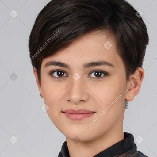 Joyful white young-adult female with medium  brown hair and brown eyes