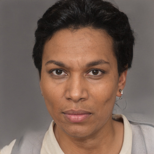 Neutral black adult female with short  black hair and brown eyes