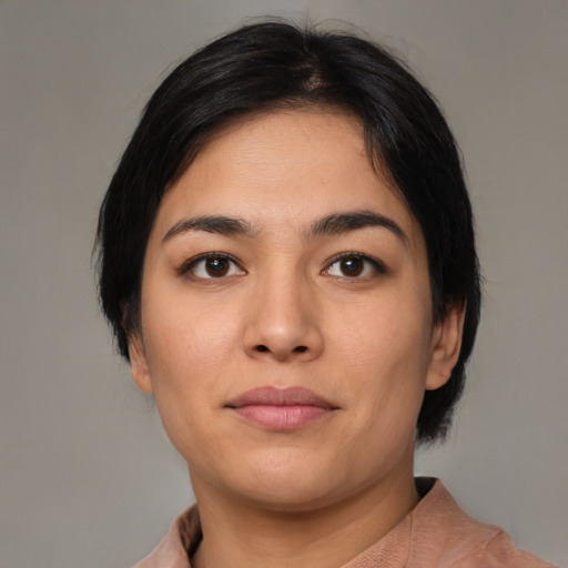 Neutral latino young-adult female with medium  black hair and brown eyes