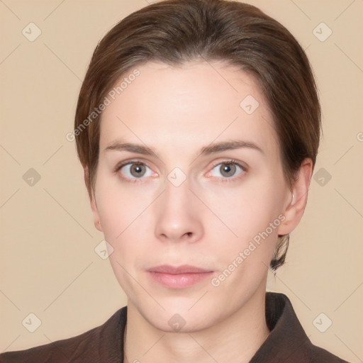 Neutral white young-adult female with short  brown hair and brown eyes