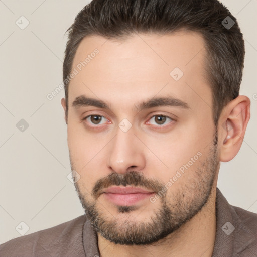 Neutral white young-adult male with short  brown hair and brown eyes