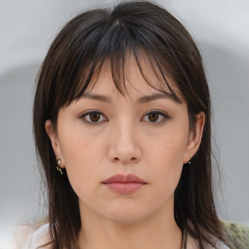 Neutral white young-adult female with medium  brown hair and brown eyes