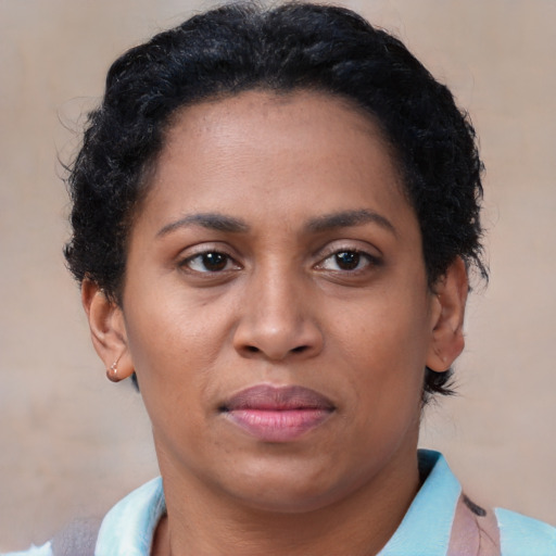 Neutral latino adult female with short  brown hair and brown eyes
