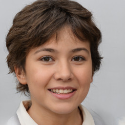 Joyful white child female with medium  brown hair and brown eyes