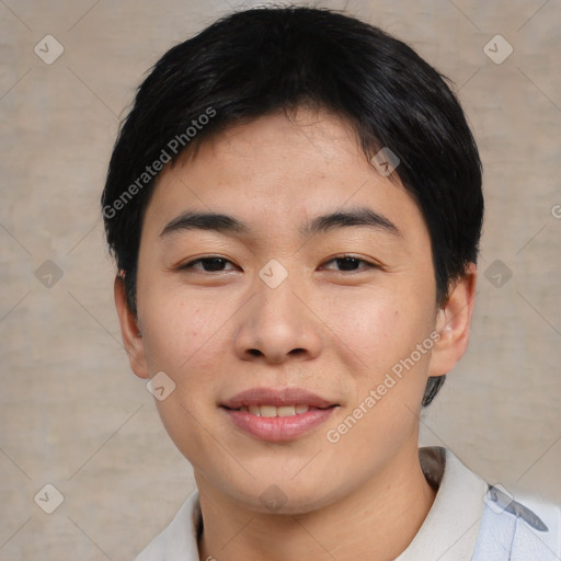 Joyful asian young-adult male with short  black hair and brown eyes