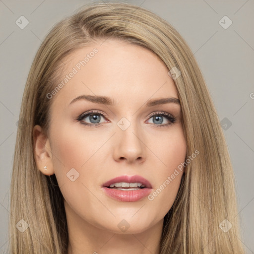 Neutral white young-adult female with long  brown hair and brown eyes