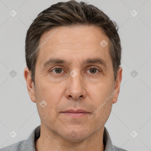 Neutral white adult male with short  brown hair and brown eyes