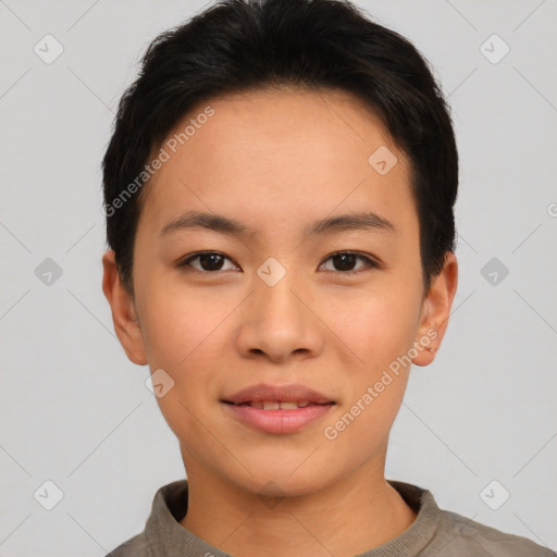 Joyful asian young-adult female with short  black hair and brown eyes