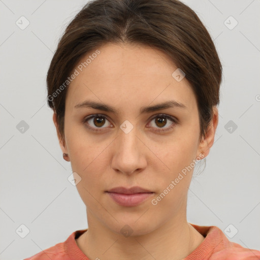 Neutral white young-adult female with short  brown hair and brown eyes