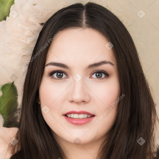 Joyful white young-adult female with long  black hair and brown eyes