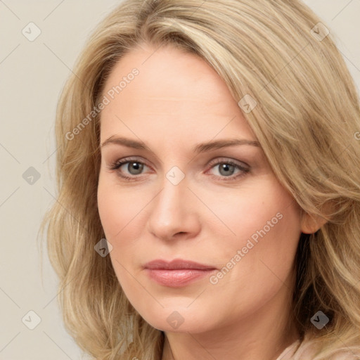 Joyful white adult female with long  brown hair and brown eyes