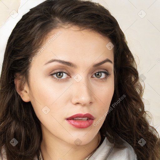 Neutral white young-adult female with long  brown hair and brown eyes