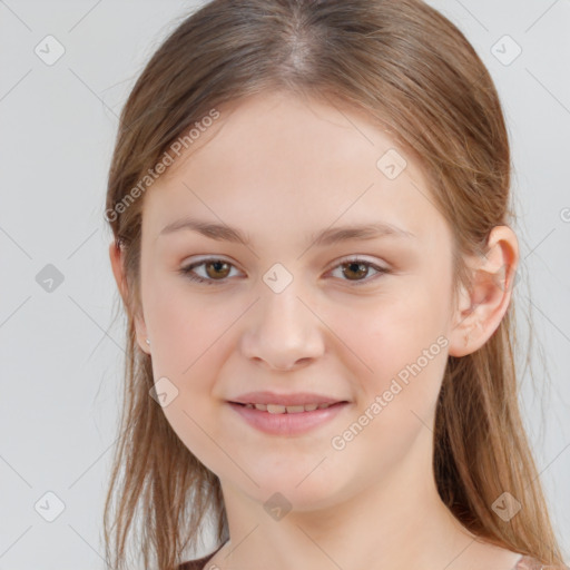 Joyful white child female with medium  brown hair and brown eyes